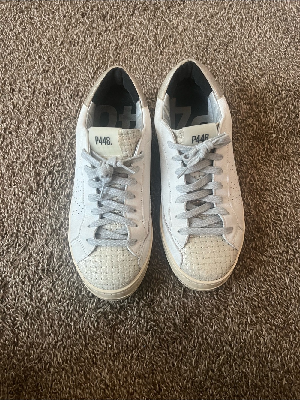 P448 White and Light Gray Low-Top Leather Sneakers
